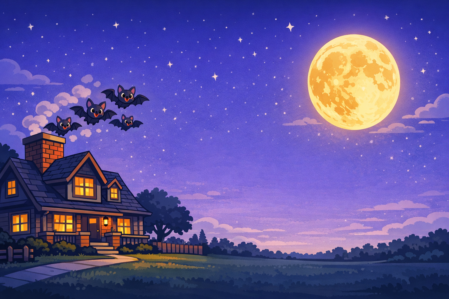 Cartoon bats flying out of a suburban chimney at twilight under a full moon