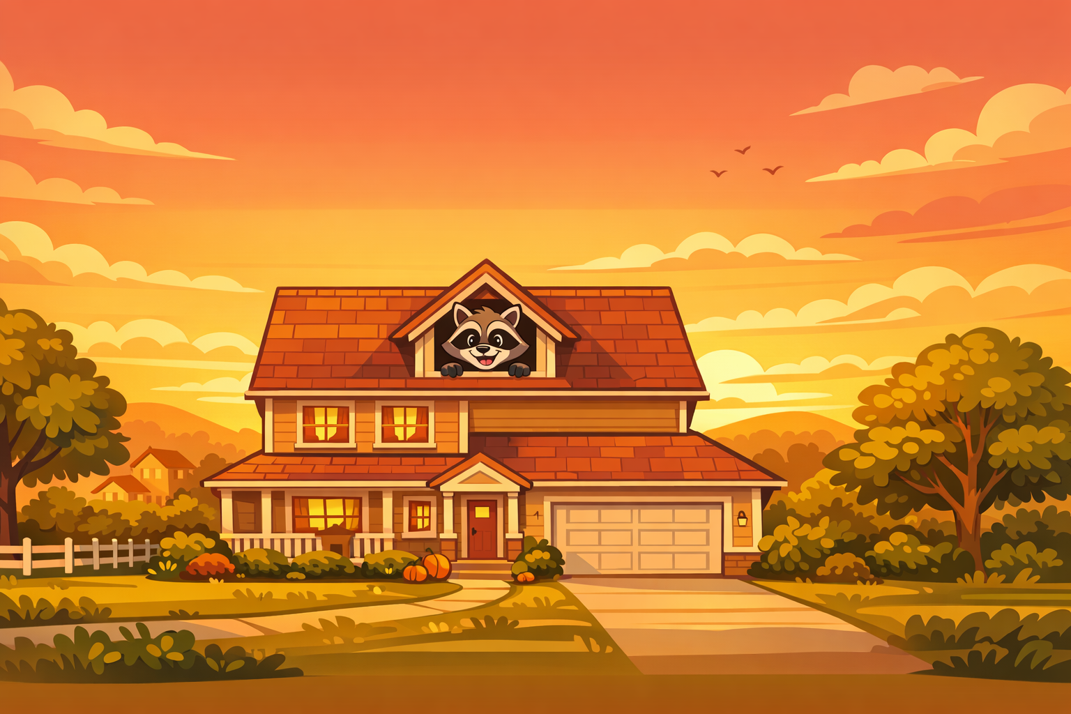 Cartoon raccoon peeking out of a suburban attic window at sunset