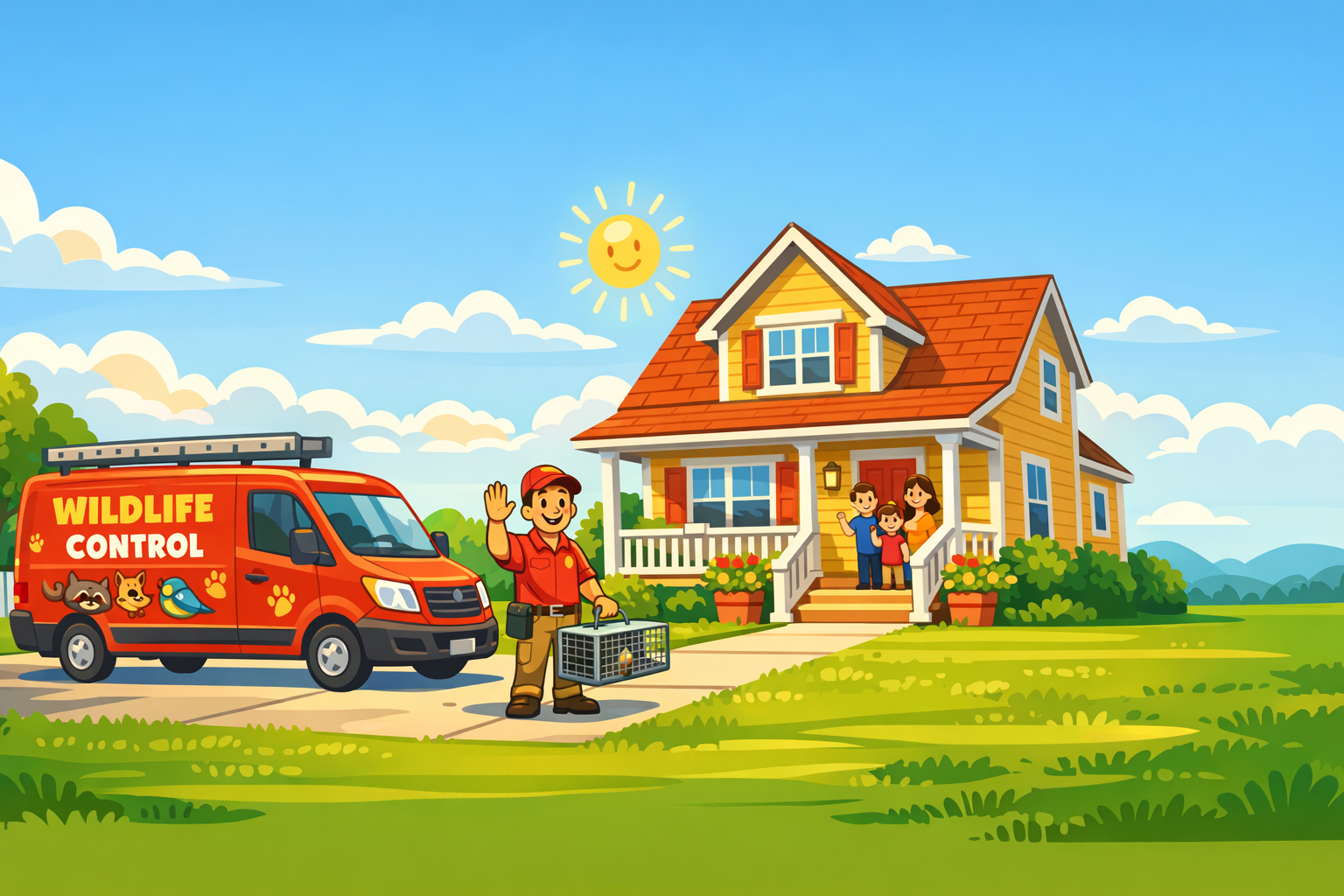 Wildlife control service van and technician greeting a happy family in front of their home